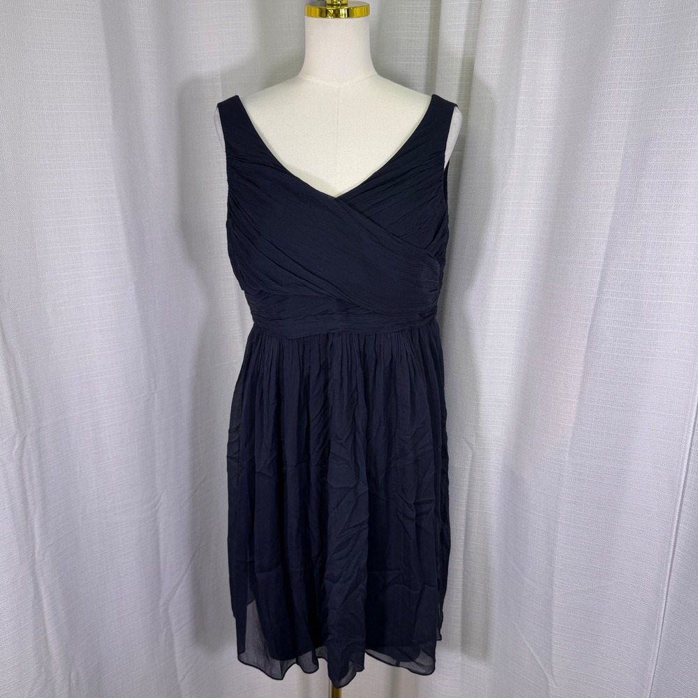 J.Crew‎ 100% Silk Chiffon Cocktail Dress US 16 Navy Blue Pleated V-Neck Wedding